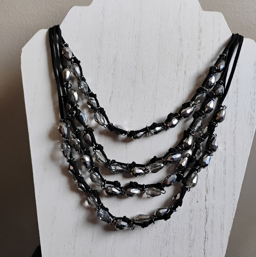 Beautiful Multi Strand Beaded Statement Necklace | Gunmetal Silver Black